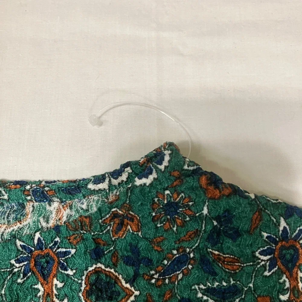 LOFT Women XL Green Floral Paisley Puff Sleeve Boat Neck Blouse Texture Top NWOT